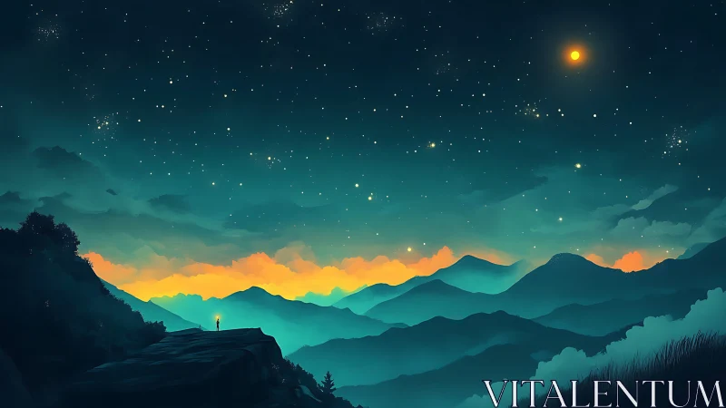 Lone hiker gazes over glowing mountains beneath a starry sky