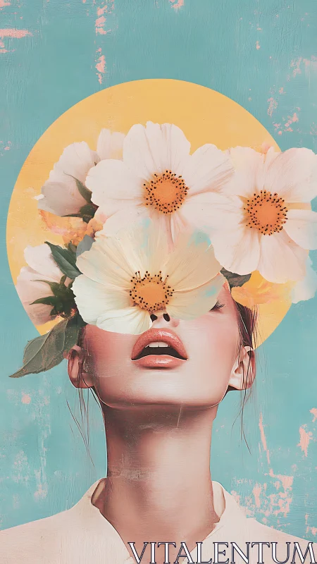 Digital portrait with floral mask and halo composition overlay.