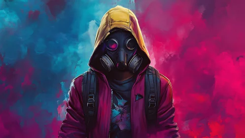 Hooded wanderer in neon mist with bold urban attitude.