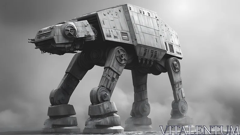 Massive four legged sci fi combat walker in gray fog.