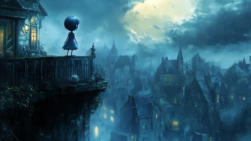 Melancholic child on balcony over rain soaked gothic rooftops