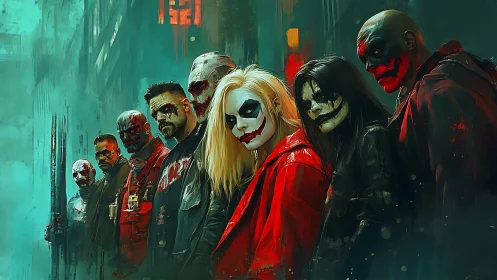 Group of masked figures in red and black urban alleyway.