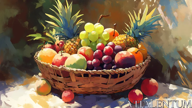 Vibrant wicker fruit still life under diffused daylight.