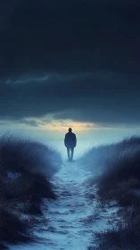Solitary evening walk along a misty dune pathway.