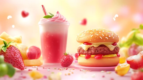 Strawberry daydream burger date with a pink milkshake.