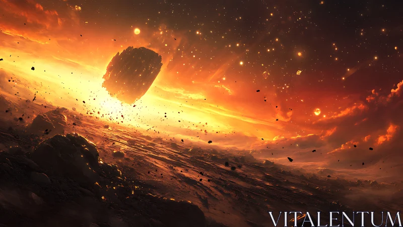 Volcanic alien landscape with luminous meteor impact plume