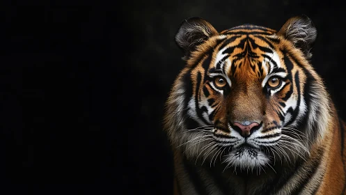 Front-facing tiger portrait with high-contrast optical isolation.