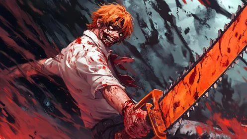 Blood-soaked chainsaw fighter in dynamic anime battle stance.