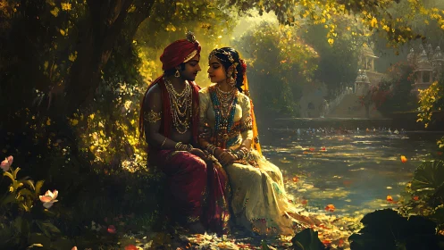 Ornate couple seated beside reflective river in forest grove.