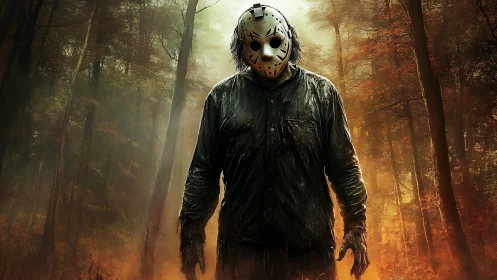 Masked stalker emerging from burning autumn forest gloom.