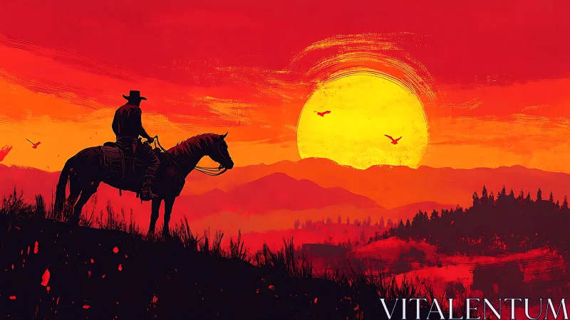 Silhouetted cowboy on horseback observes sun over red hills