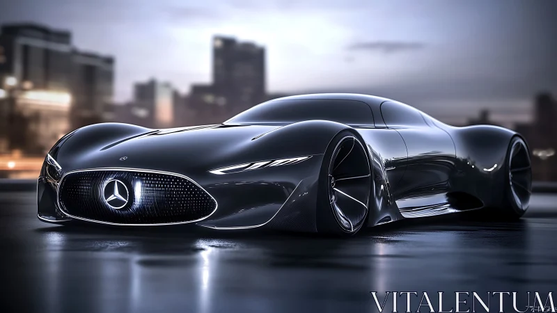 Mercedes concept hypercar glows against wet city dusk.