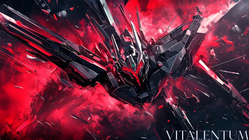 Shattered crimson mech raptor diving through nebular void.