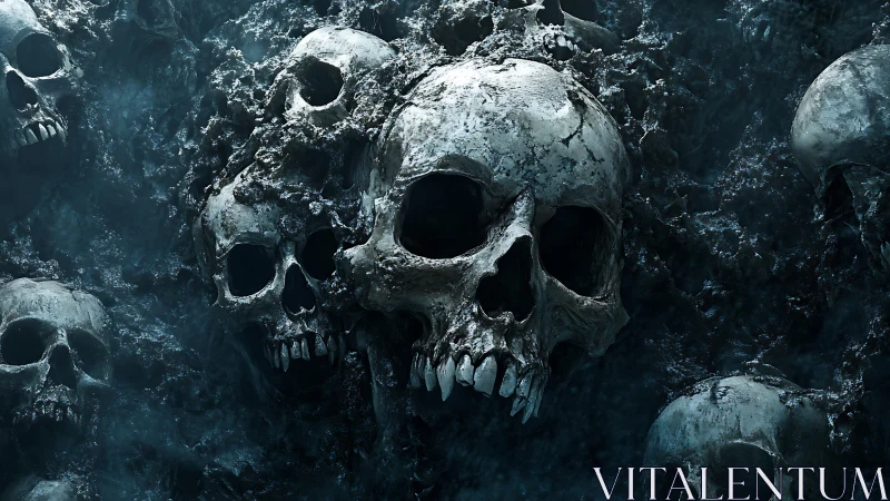 Skulls emerge from eroded stone in a chilling dark void.