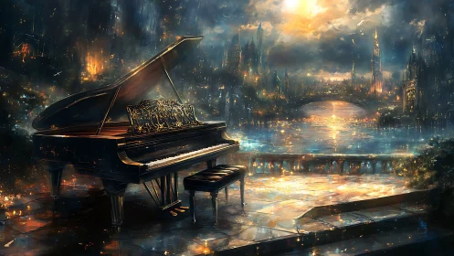 Grand piano on terrace above glowing river city at dusk.