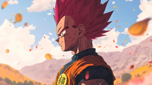 Red haired anime warrior stands in profile in autumn field