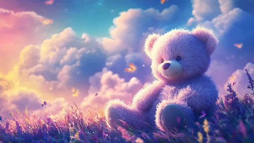 Teddy bear sits in glowing flower field under pastel clouds
