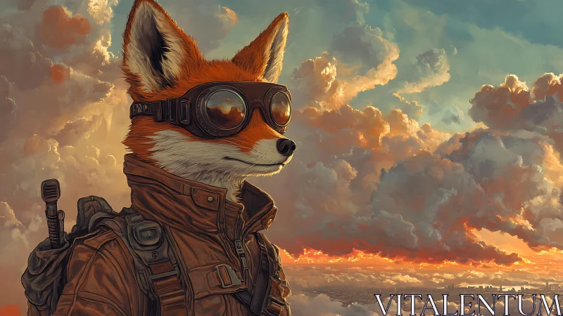 Skybound fox aviator quietly patrols the ember-lit clouds
