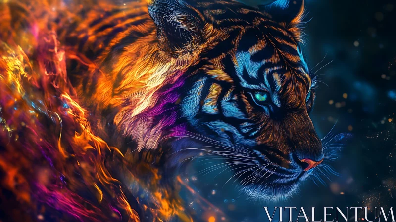 Tiger head rendered in neon fire and blue light contrasts