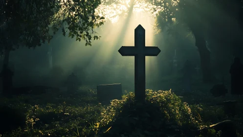 Sunlit graveyard cross bathed in quiet, ethereal morning haze.