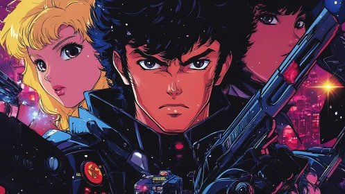 Armed anime trio stands against neon city skyline at night