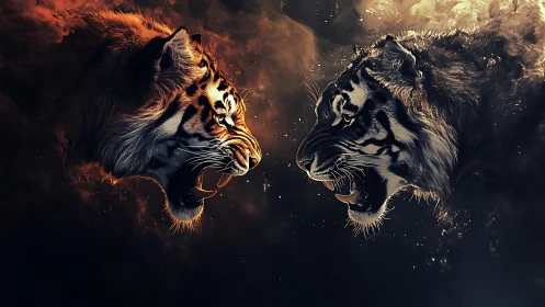 Two Tigers in Stylized Confrontation with Atmospheric Effects.