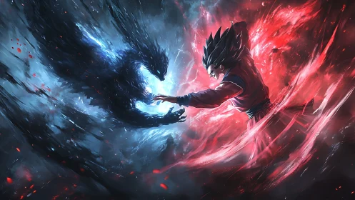Human figure and shadow creature in red and blue clash.