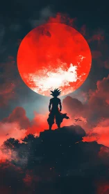 Silhouetted figure on cliff before large red lunar disk.