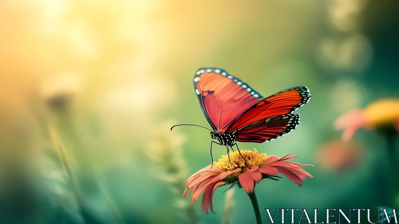Sunlit butterfly resting gently on a dreamy garden bloom.