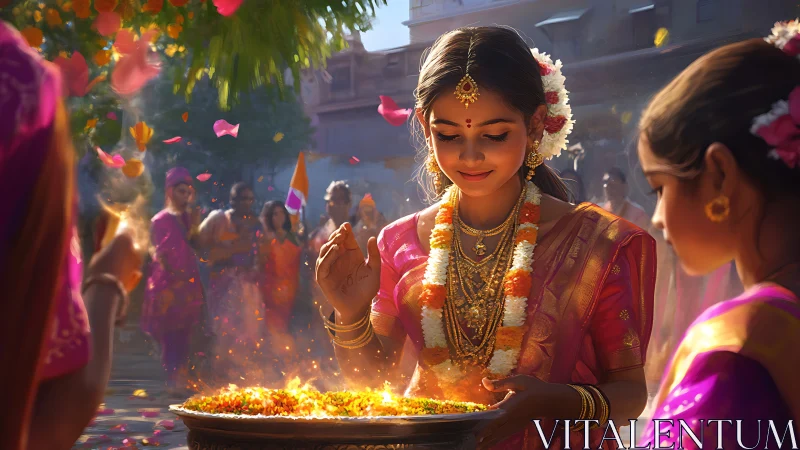 Young Woman in Traditional Attire Celebrating Indian Festival Outdoors.