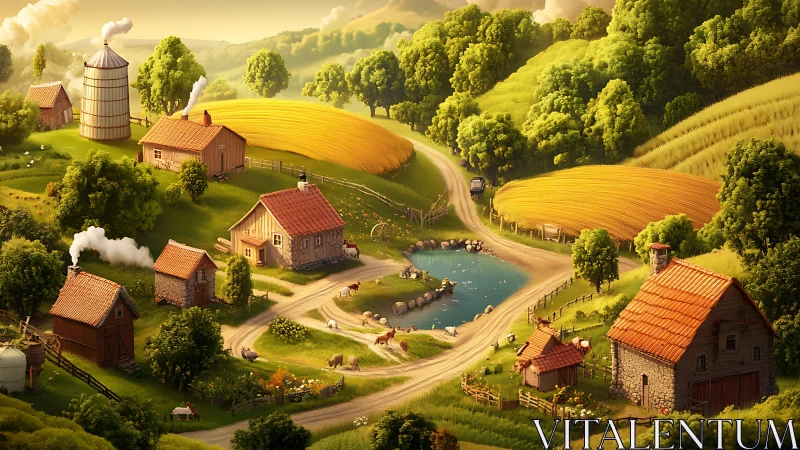 Idyllic stylized farm valley with winding pond road panorama.