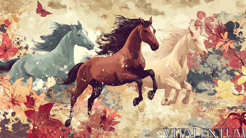 Wild horses charge through an abstract floral dreamscape