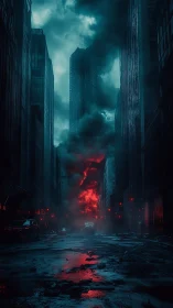 Burning tower erupts over ruined neon city street. Period.