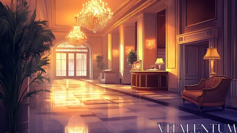 Grand hotel lobby glows under opulent crystal chandeliers