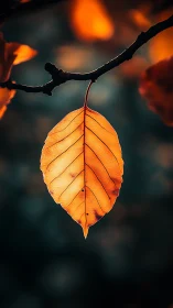 Backlit autumn leaf with macro vein topology in bokeh field.