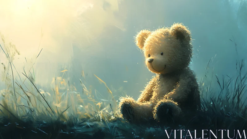Teddy bear toy in grassy field under diffused daylight glow.