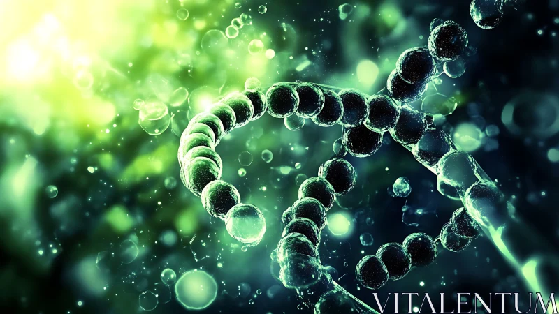 Green microscopic DNA helix made of glowing liquid spheres.