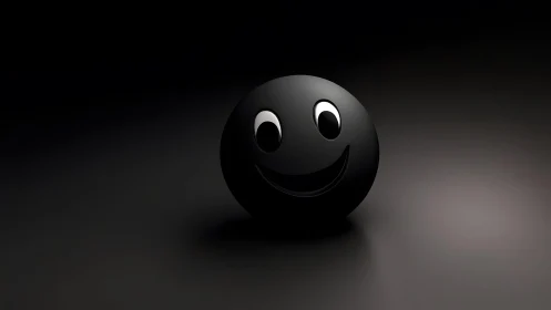 Black glossy smiley sphere sits on dark reflective surface