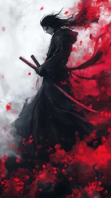 Solitary samurai silhouette dissolves into abstract crimson mist