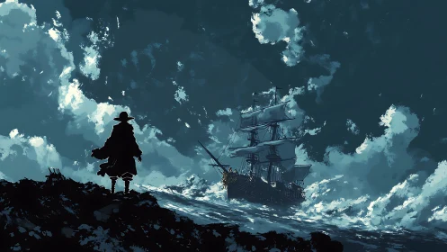 Silhouetted coastal figure observing sailing ship offshore.