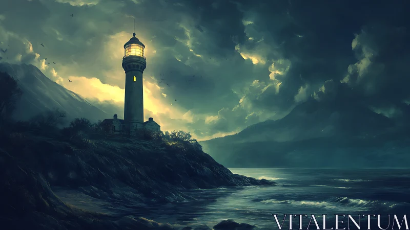 Stormlit lighthouse guards a brooding, moonless ocean horizon.