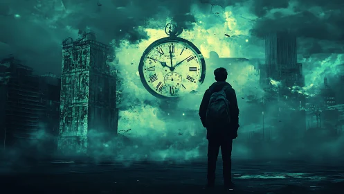 Lone traveler meets a giant glowing clock in misty ruins