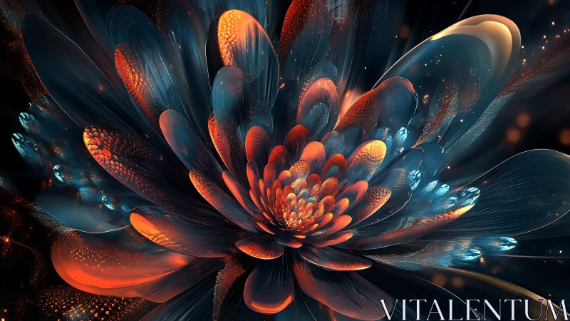 Stellar ember blossom unfolding in liquid midnight light.