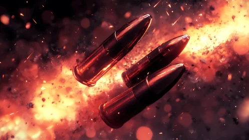 Burning bullets streak through explosive fiery debris field.