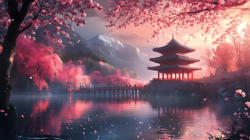 Digital painting of lakeside pagoda in luminous cherry blossom dusk.