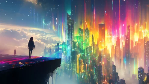 Dreamwalker on the neon horizon between sky and city.