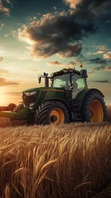Golden hour tractor stands ready in a peaceful wheat field