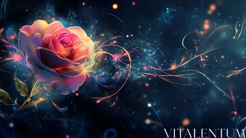 Luminous cosmic rose blooms amid swirling nebula light