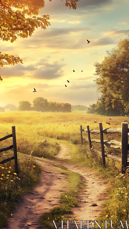 Golden hour country lane quietly curls through sunlit fields