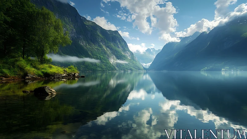 Mountain lake reflects steep green cliffs and cloud sky clearly